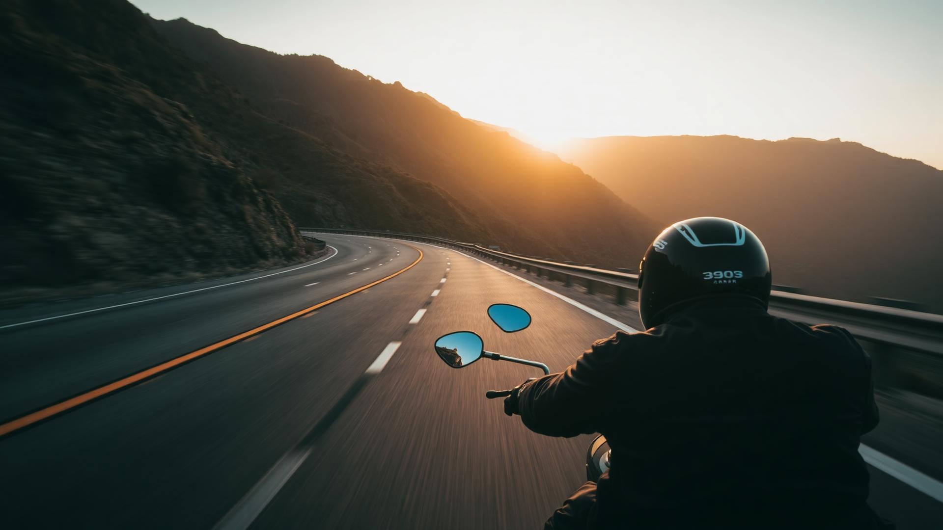 Motociclista en carretera al atardecer